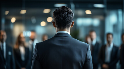 Fototapeta premium A businessman stands facing a crowd of co-workers in an office setting, exuding leadership and focus