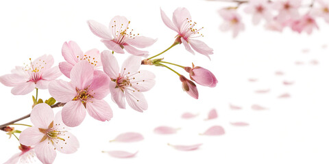Naklejka premium Flying Falling Pink Cherry Blossom Flowers Isolated on a White Background for Spring Beauty