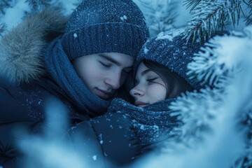 A young couple embraces warmly amidst a snowy winter landscape, their eyes closed in peaceful slumber.