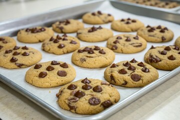 Tray of steaming cookies with melted chocolate chips, warmth, cookies, melting