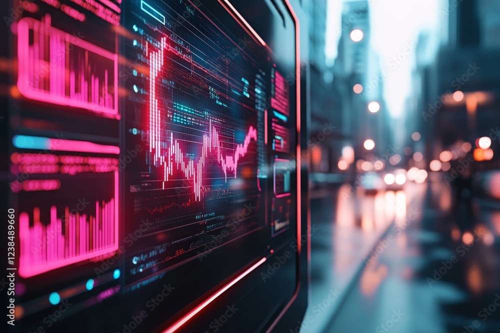 Poster a neon-lit financial trading hub with holographic graphs and screens showing fluctuating interest ra