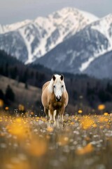 Obraz premium Haflinger in Mountain Meadow: A Haflinger horse, grazing in a flower-filled meadow at the base of a majestic mountain range.