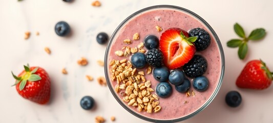 Bowl of granola with yogurt and berries for healthy breakfast.