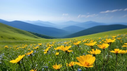 Mountains landscape nature idea. A vibrant field filled with yellow flowers under a clear blue sky and distant mountains.