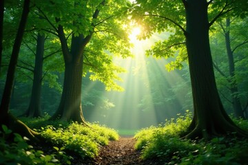 Obraz premium Dappled light filtering through leafy branches, forest, foliage, dappled light