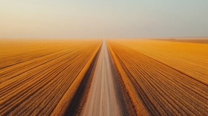 Naklejka premium Endless road through golden wheat field at sunrise capturing rural tranquility and vastness