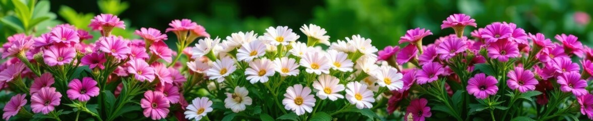 Obraz premium Densely packed perennial flowers in shades of pink, purple and white, against a green garden backdrop, , gardens
