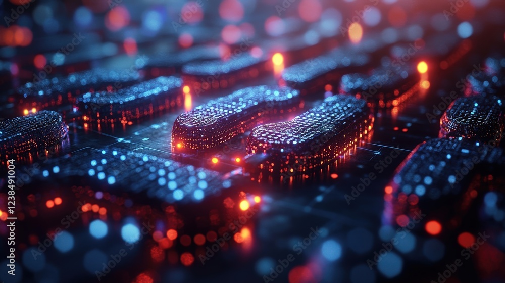 Poster abstract representation of interconnected digital nodes illuminated in vibrant colors