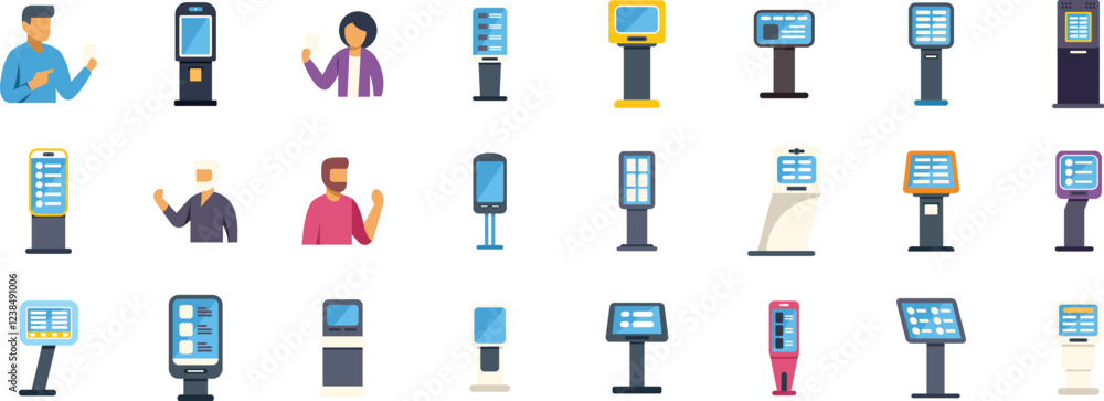 Poster interactive terminal kiosk showing information on digital screen, people using electronic payment te