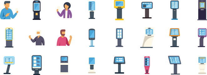 Interactive terminal kiosk showing information on digital screen, people using electronic payment terminal, information stand with interactive touchscreen