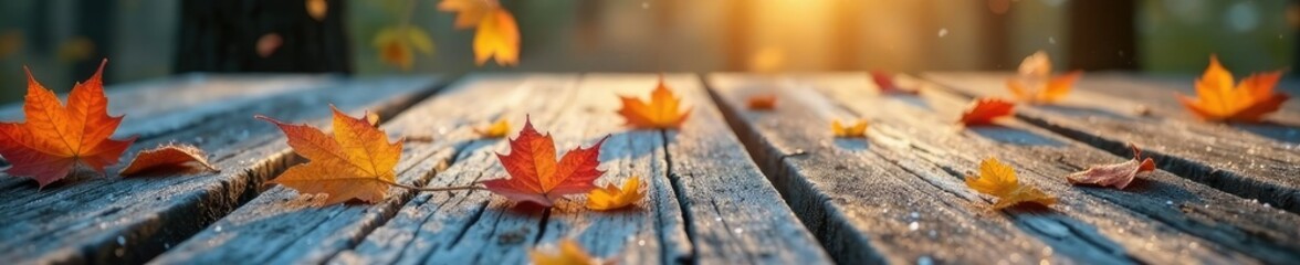 Frosty leaves fall softly on weathered wood table top, leaves, wood, forest