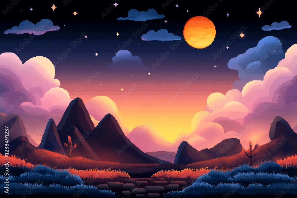 Poster A pixel art representation of stars twinkling throughout a vast night sky, with tiny animated sparkles adding depth to the retro aesthetic
