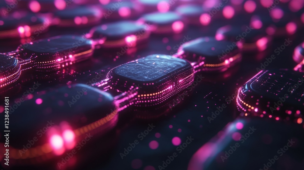 Poster abstract representation of interconnected digital nodes with glowing effects in a futuristic setting