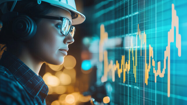 businessperson wearing safety gear analyzing oil market data on digital screen - Powered by Adobe