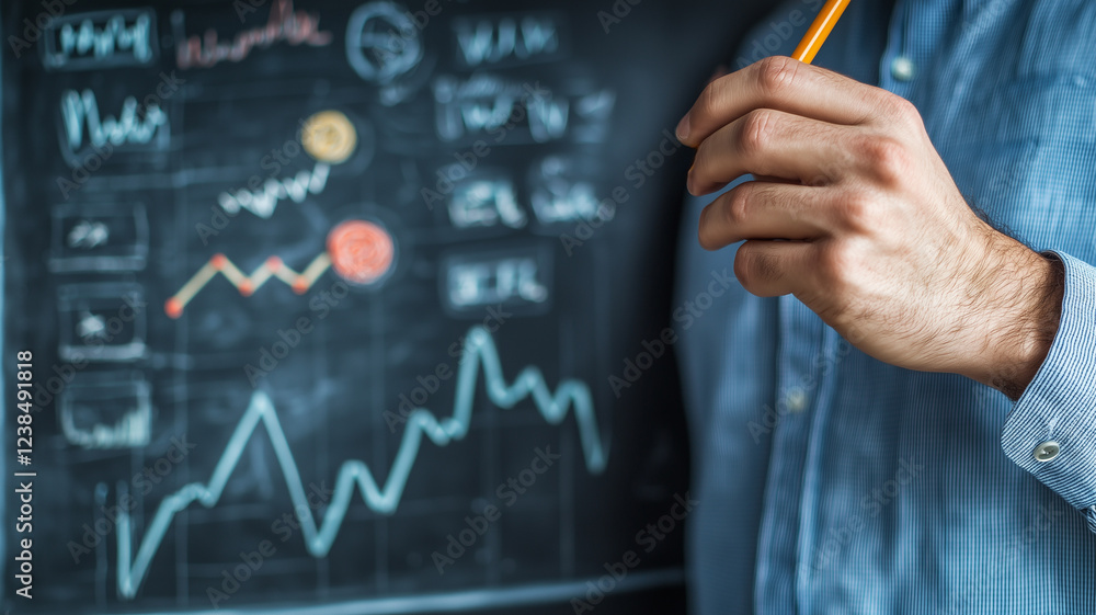Poster person analyzing data on chalkboard with graphs and charts, holding pencil in thoughtful manner