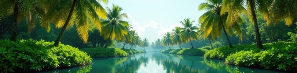 Fototapeta premium Palm trees sway gently in the breeze amidst a lush green oasis, serene atmosphere, nature, water reflection