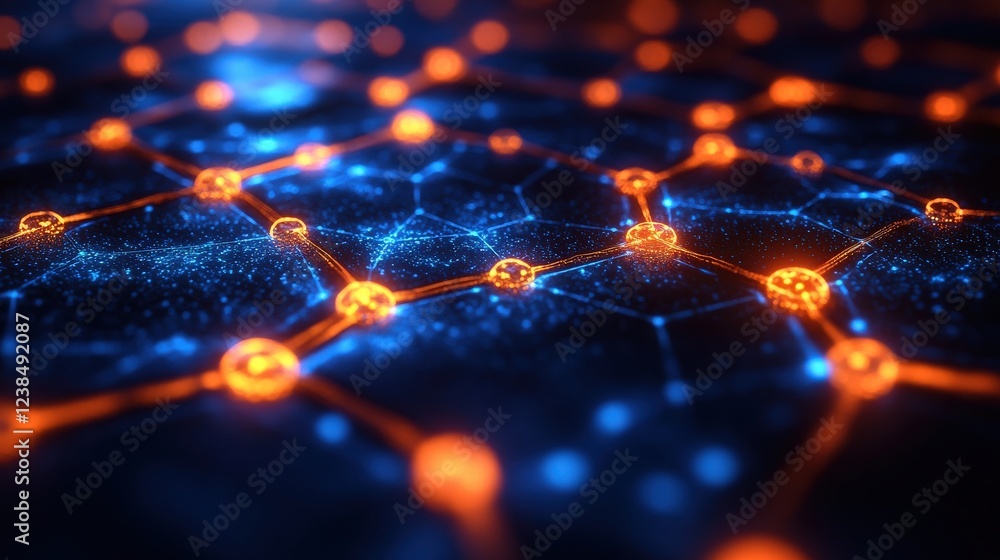 Poster abstract representation of interconnected nodes and connections in a vibrant digital network