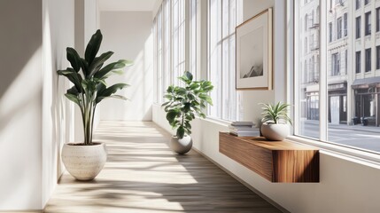 Fototapeta premium A minimalist hallway with wood accents, potted plants on a console table, and large windows framing a bright city street