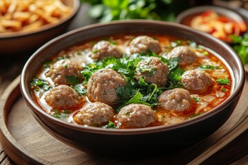 Spicy Meatball Soup, Wooden Table, Garnish, Lunch