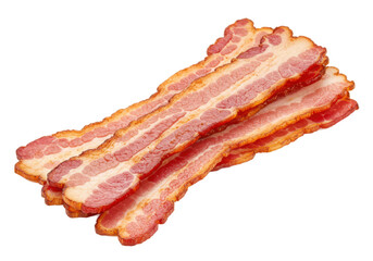 Crispy bacon strips, stacked aesthetically. The bacon exhibits a perfect balance of meat and fat isolated on white background