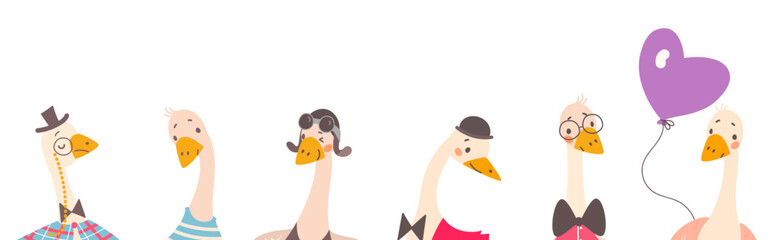 Goose heads banner. Cartoon geese in different emotions and hats. Adorable farm birds characters poster, childish animals with accessories, vector set