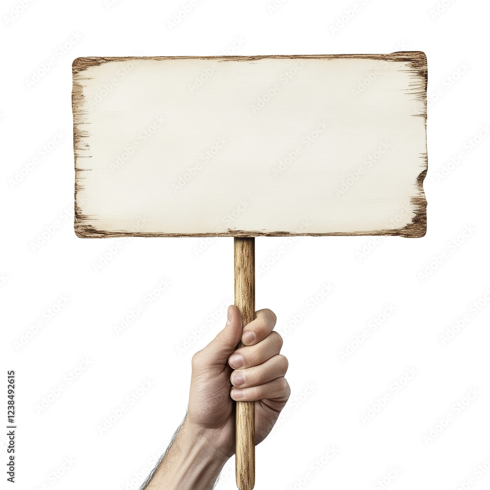Poster a man's hand holds a blank rustic wooden sign against a black background; perfect for adding text.