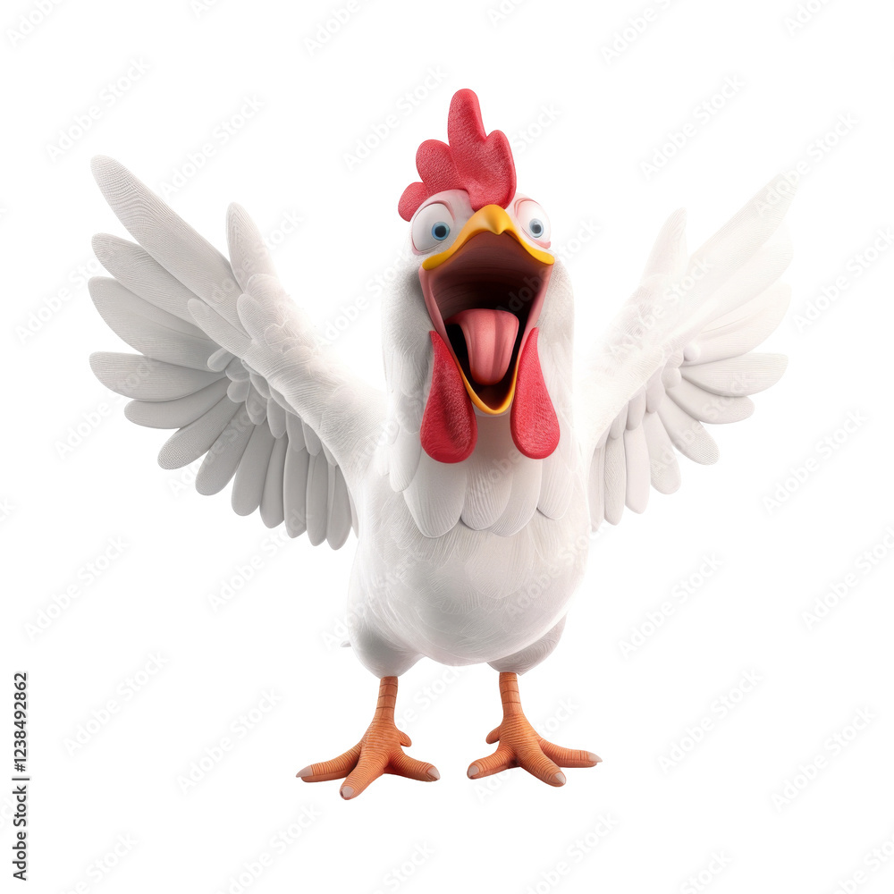 Poster animated funny white chicken with open wings and surprised expression on face