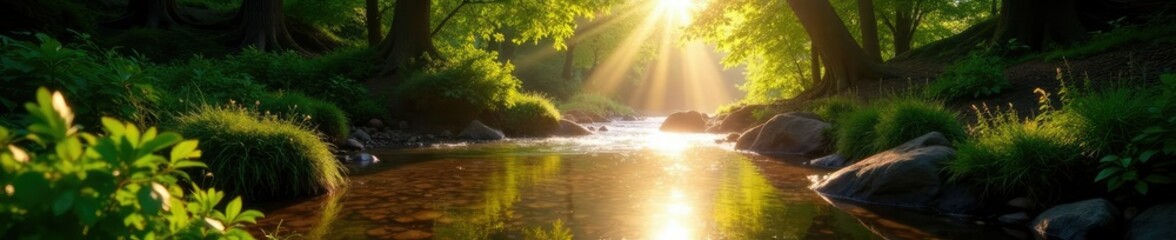 Sparkling sunlight filters through forest foliage on the gentle stream, nature, stream