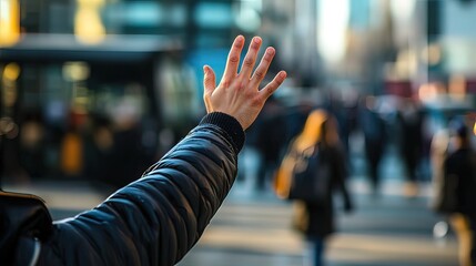 Fototapeta premium A person's hand outstretched in a busy city street, blurred background.