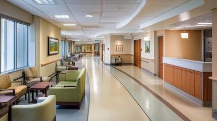 Empty hospital corridor with wide doors leading to patient rooms, stylish waiting furniture, and ambient lighting