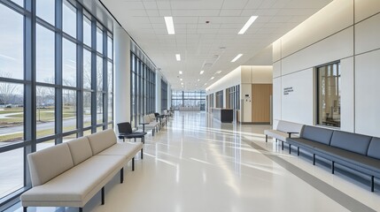 Empty hospital corridor with clean white walls, natural light, and a waiting area in the background, emphasizing modern healthcare design