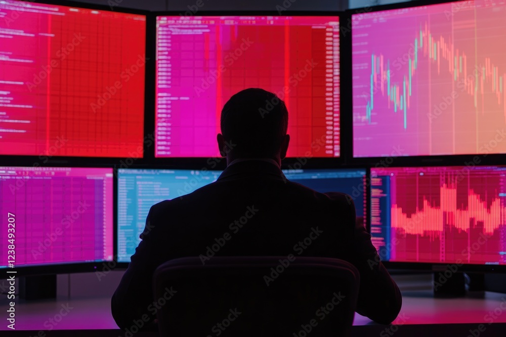 Aufkleber a person sits before multiple screens displaying financial data and code, analyzing market trends an