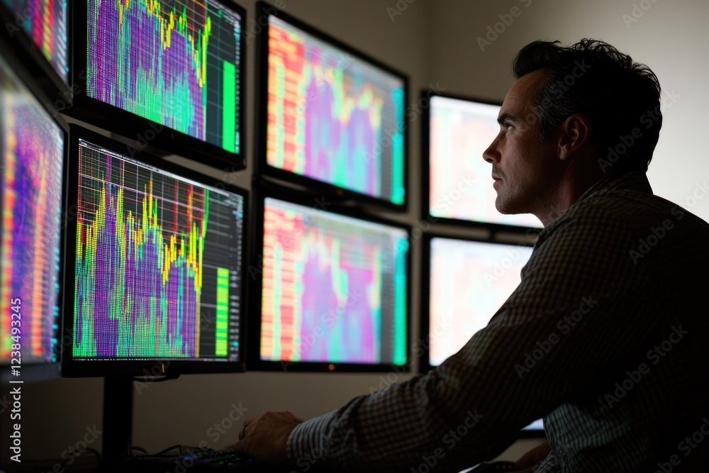 Aufkleber a man analyzes complex financial data displayed on multiple monitors in a dimly lit office.
