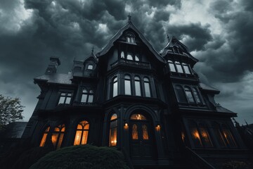 Obraz premium A shadowy Gothic castle with glowing windows and storm clouds gathering above, signaling the arrival of an upcoming storm or event