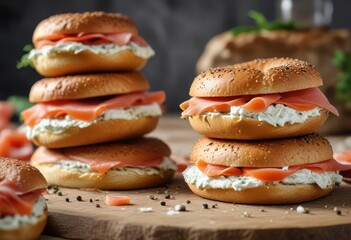 Stack of freshly baked bagels with cream cheese and lox, bagel shop, breakfast