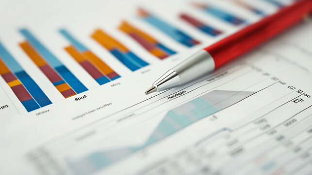 Financial charts and graphs on paper with a pen for business data analysis - Powered by Adobe