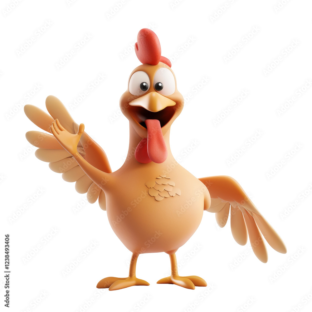 Poster cheerful cartoon chicken with open wings and bright red comb having a friendly expression