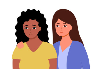 Empathy and Compassion concept. Young woman comforting sad African woman. Helping hand or psychological care.