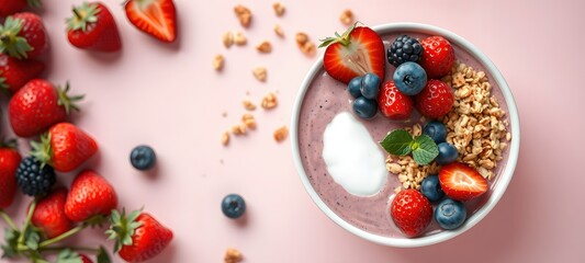 Bowl of granola with yogurt and berries for healthy breakfast.
