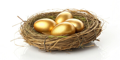 Obraz premium Beautiful Golden Eggs in a Nest Isolated on a White Background Representing Abundance and Wealth