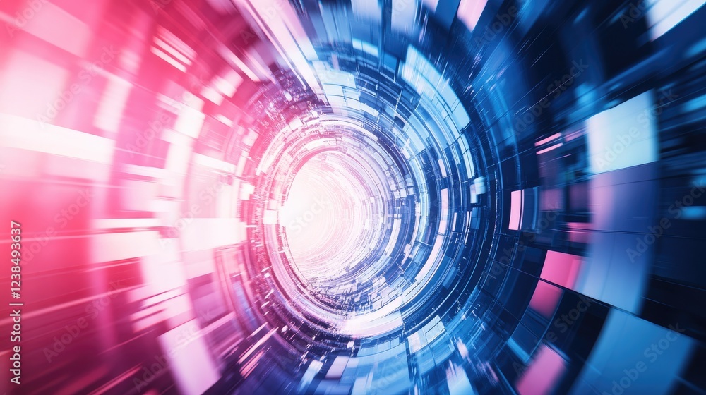 Poster futuristic abstract background with dynamic gradient waves in blue and pink hues, radiating a tech-i