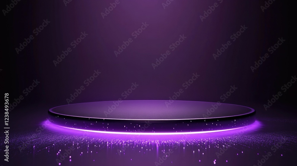 Poster futuristic abstract purple background with a glowing platform and dynamic light reflections