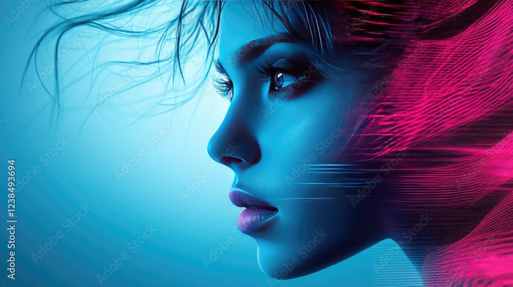 Poster futuristic abstract background with dynamic gradient waves in blue and pink hues, radiating a tech-i