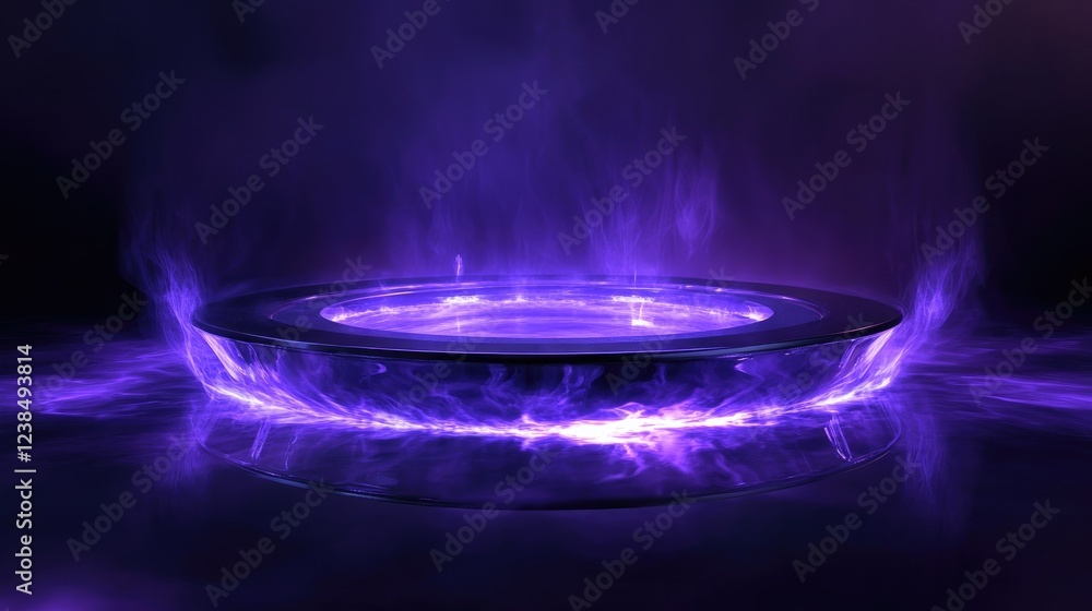 Poster futuristic abstract purple background with a glowing platform and dynamic light reflections
