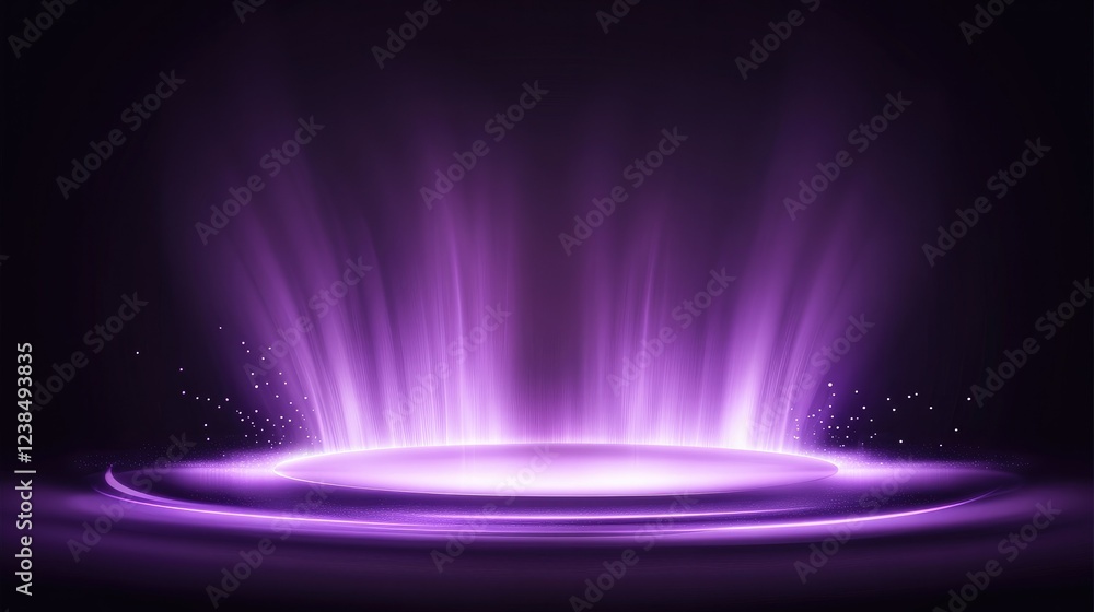 Poster futuristic abstract purple background with a glowing platform and dynamic light reflections