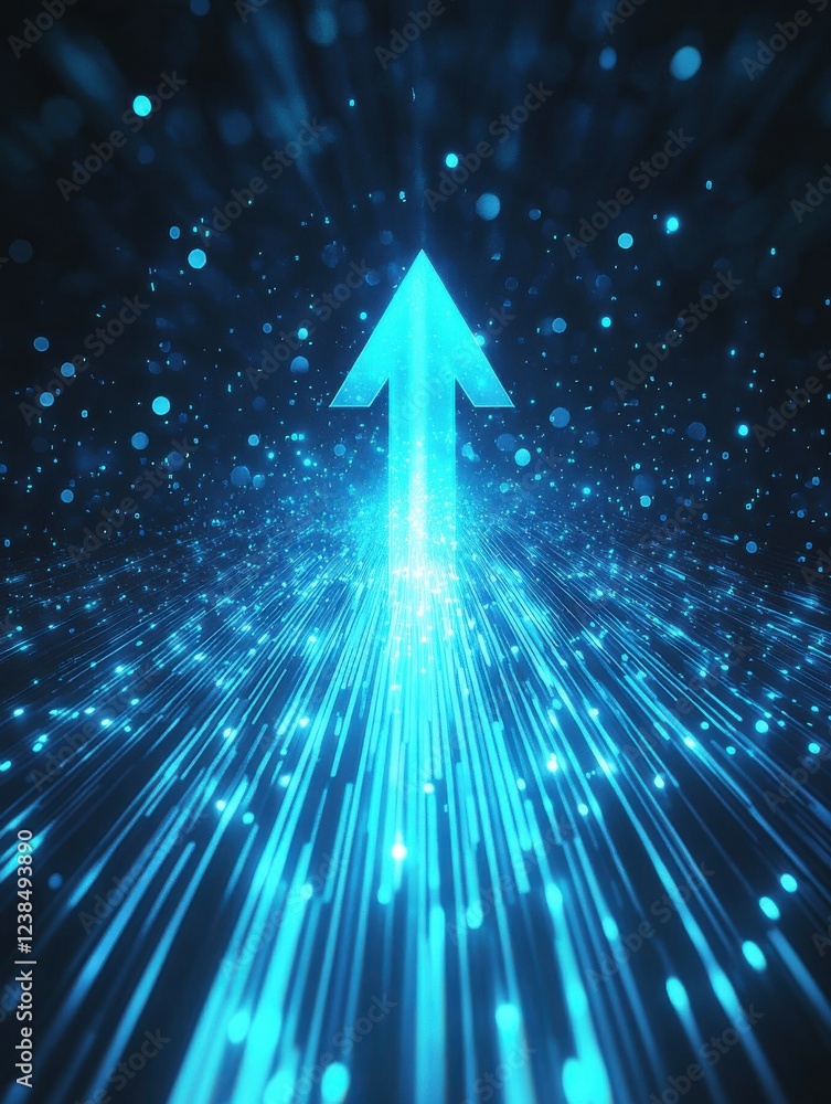 Poster abstract background with blue glowing arrows pointing upwards, representing growth and progress in t