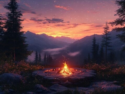 Campfire on stones with mountains and sunset for travel and outdoor activity background