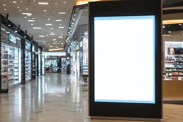 Mockup blank LED Screen billboard in front of entrance of cosmetics store in shopping mall, Empty space to insert multimedia, advertisement, promotion at prominent positions to attract attention