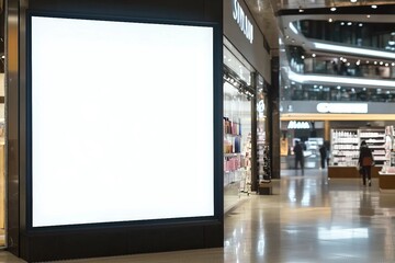 Mockup blank LED Screen billboard in front of entrance of cosmetics store in shopping mall, Empty space to insert multimedia, advertisement, promotion at prominent positions to attract attention