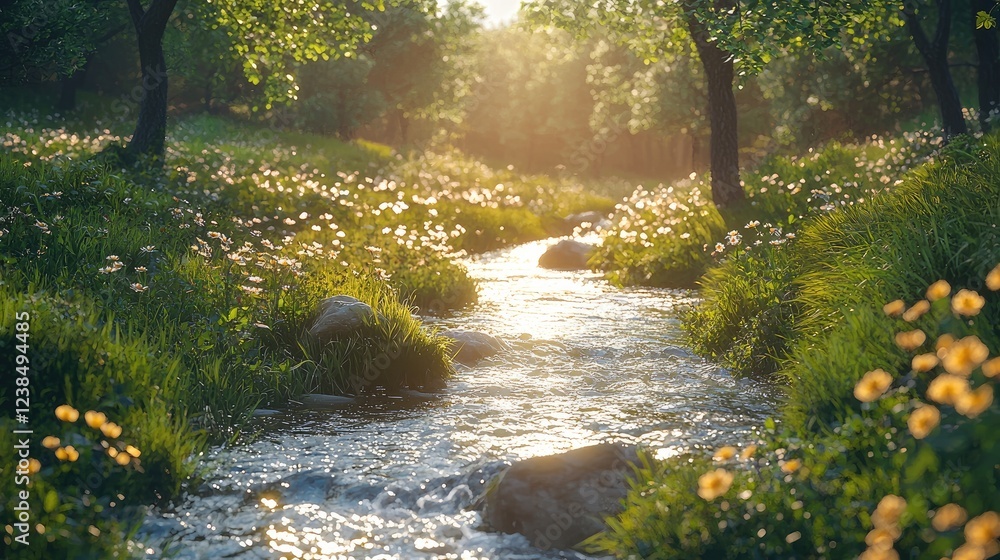 Poster a clear forest streams winding through meadows.